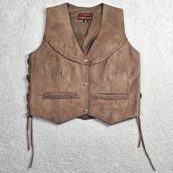 VTG Yukon Jack Hand Tooled Genuine Leather Vest Brown Sz S Braided Western Biker